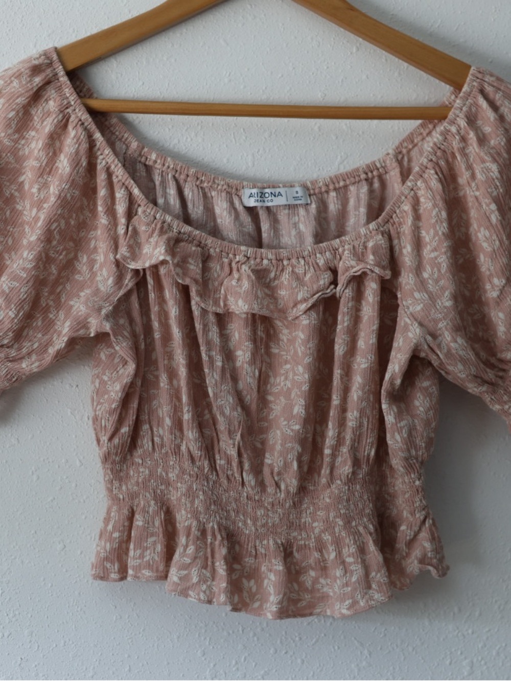 Arizona Jean Company Dusty Rose Floral Off-Shoulder Smocked Crop Top
